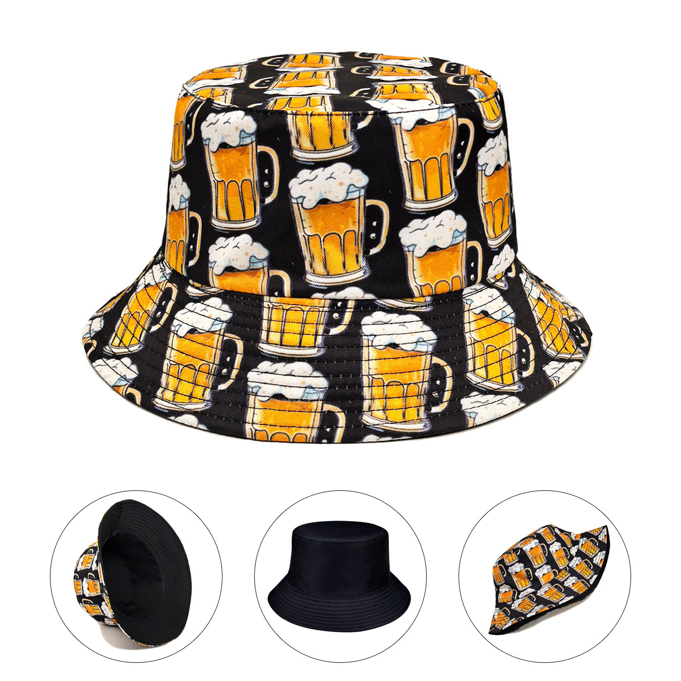 Outdoor Adventure Wear - Modischer, doppelseitiger Bucket Hat mit Bier-Print,